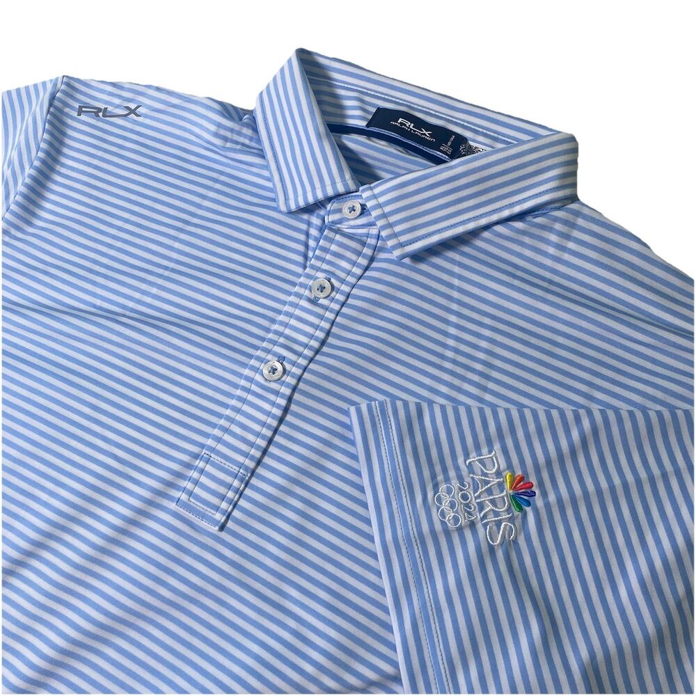 RLX Ralph Lauren Polo Shirt Mens XL Blue White Paris 2024 Striped Stretch Golf